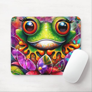 Alfombrilla De Ratón Frog Whimsical Abstract Pintura Art Floral Verde