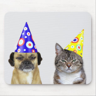 Alfombrilla De Ratón Frustrado perro y gato con Partyhütchen