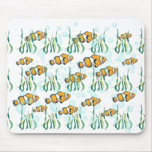Alfombrilla De Ratón Fun Clowe Fish Naranja Burbujas azules blancas