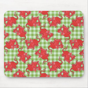 Alfombrilla De Ratón Fun Mousepad: Dragón rojo lindo en Gingham verde
