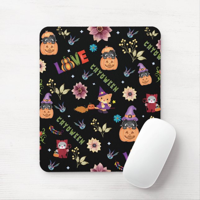 Alfombrilla De Ratón Fun Purple Hat Catoween, Cute Orange Pumpkin (Con ratón)