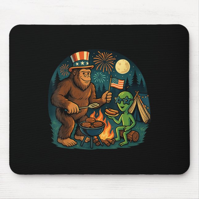 Alfombrilla De Ratón Funny Bigfoot Alien Bbq Campfire 4 De Julio Ameri (Frente)
