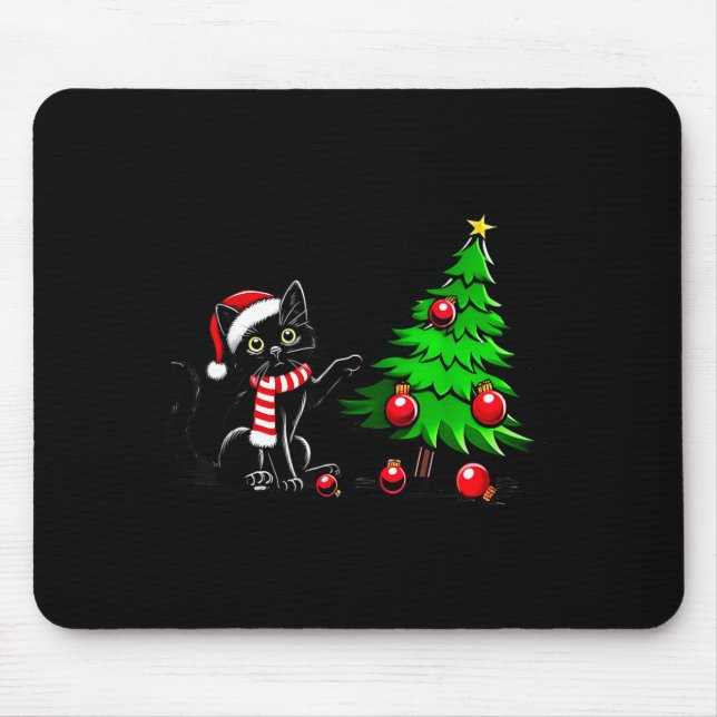 Alfombrilla De Ratón Funny Black Cat Pushing Christmas Tree Over Cat Wh (Frente)