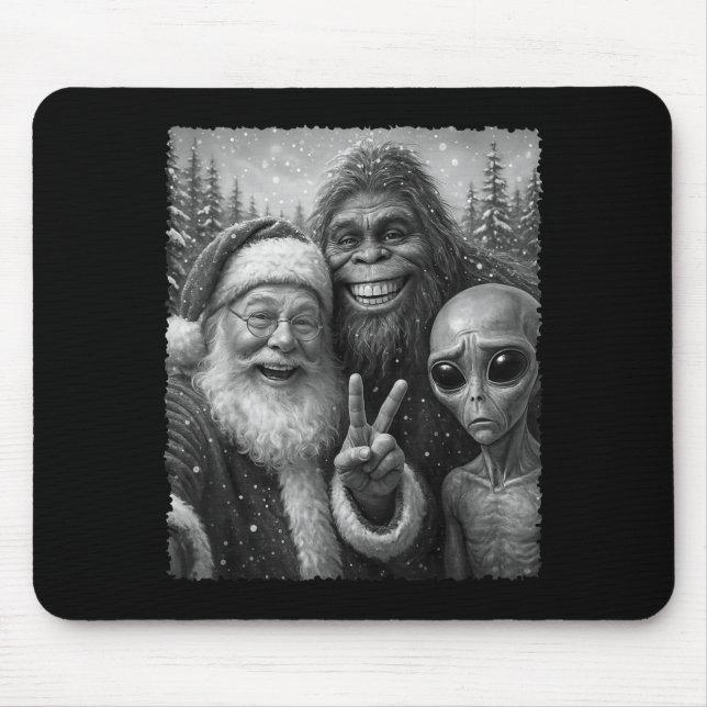 Alfombrilla De Ratón Funny Cat Christmas Bigfoot Alien Santa Snow Selfi (Frente)