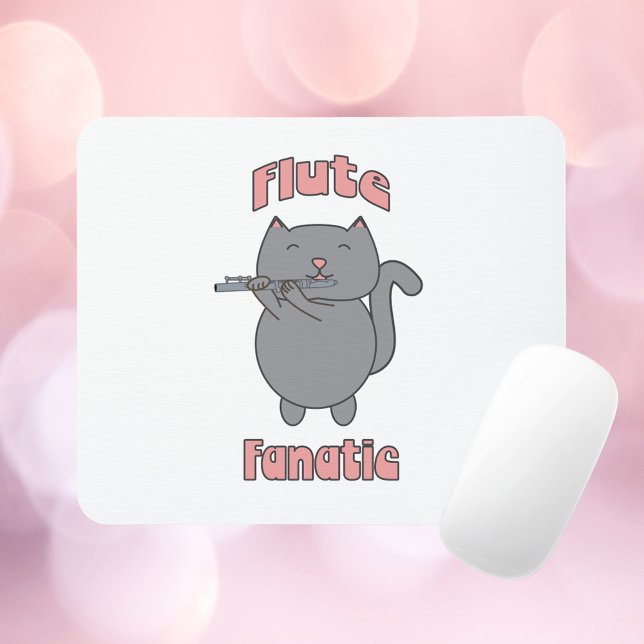 Alfombrilla De Ratón Funny Cat Playing Flute Music Lover Musician Carto (A mousepad featuring a gray cat playing the flute with the words Flute Fanatic in pink.)