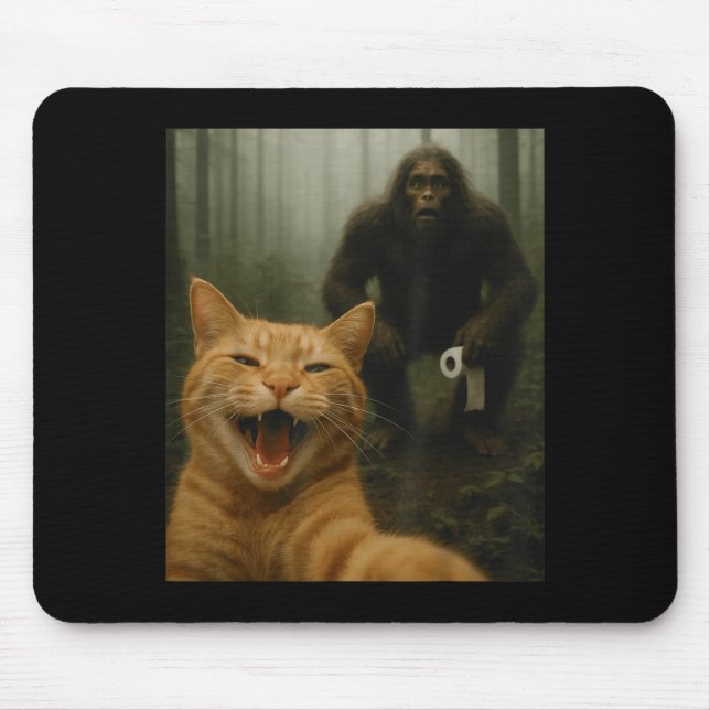 Alfombrilla De Ratón Funny Cat Surprised Happy Selfie With Bigfoot Sasq (Frente)