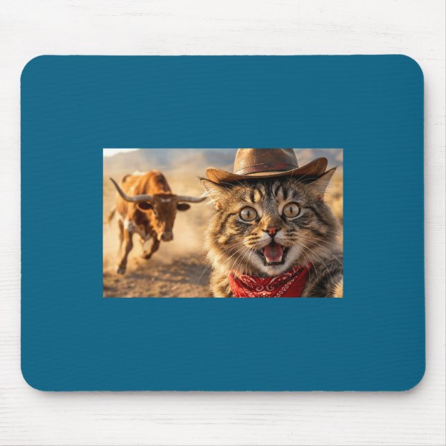Alfombrilla De Ratón Funny Cowboy Cat Selfie With Charging Bull Western (Frente)