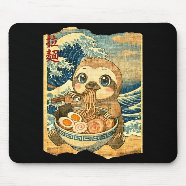 Alfombrilla De Ratón Funny Kawaii Sloth Ramen Noodle Bowl Japanese Wave (Frente)