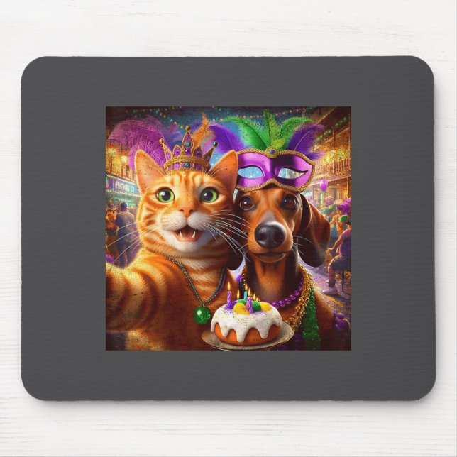 Alfombrilla De Ratón Funny Mardi Gras Cat Dachshund Selfie Squad  (Frente)