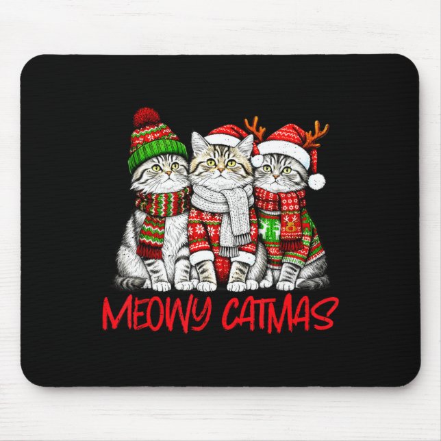Alfombrilla De Ratón Funny Meowy Catmas Christmas Cats Ugly Sweater Gra (Frente)