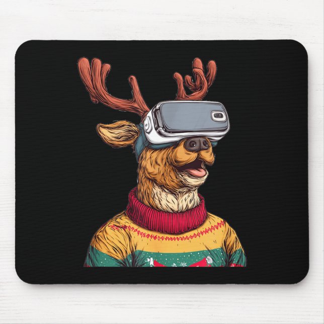 Alfombrilla De Ratón Funny Reindeer In Christmas Sweater And Vr Headset (Frente)