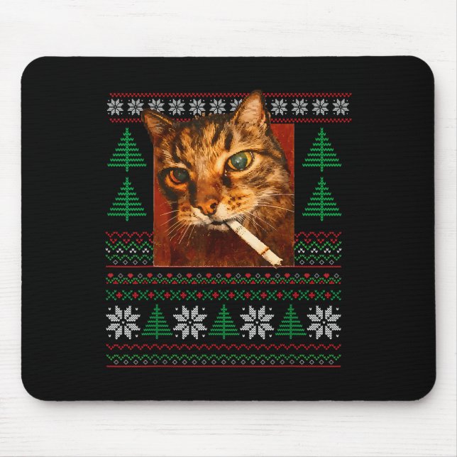 Alfombrilla De Ratón Funny Smoking Cat Meme Christmas Ugly  (Frente)