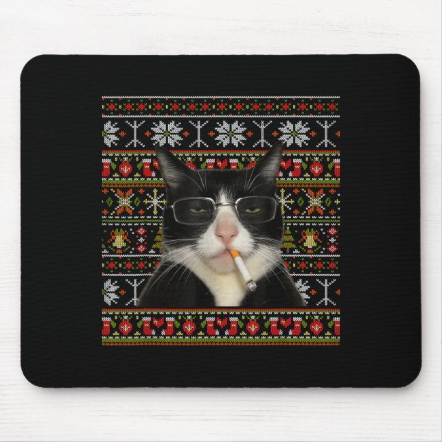 Alfombrilla De Ratón Funny Smoking Cat Meme Christmas Ugly Sweater Cat  (Frente)