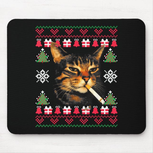 Alfombrilla De Ratón Funny Smoking Cat Meme Ugly Christmas Sweater For  (Frente)