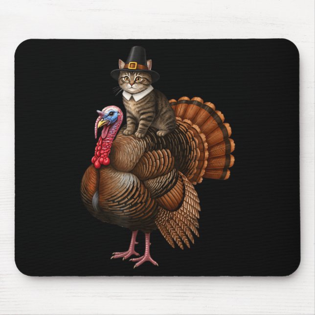Alfombrilla De Ratón Funny Thanksgiving Cat On Turkey, Lgrim Hat Turkey (Frente)