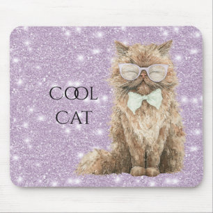 Alfombrilla De Ratón Gafas Morado Brillante Purpurina Marrón Gato Cool 