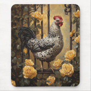Alfombrilla De Ratón Gallo moteado con rosas amarillas pintura al óleo