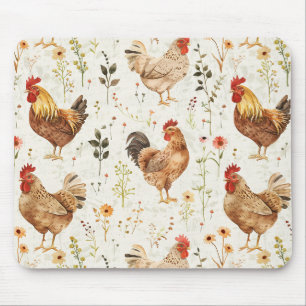 Alfombrilla De Ratón Gallos de granja pollos flores