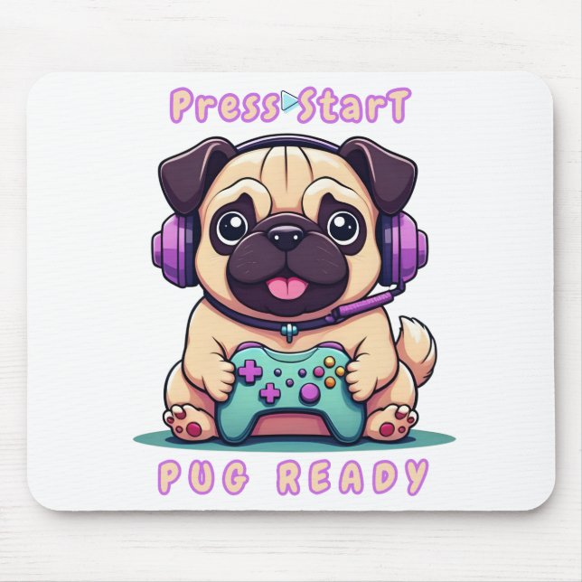 Alfombrilla De Ratón Gamer Pug - juego de video lindo Ilustracion Pug (Frente)