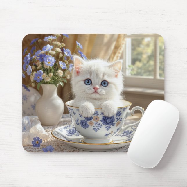 Alfombrilla De Ratón Gatito blanco en una taza de té (Con ratón)