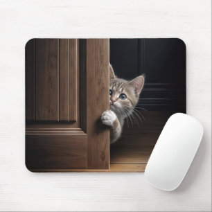 Alfombrilla De Ratón Gatito de Tabby mirando alrededor de una puerta de