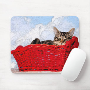 Alfombrilla De Ratón Gatito el dormir en cesta roja brillante