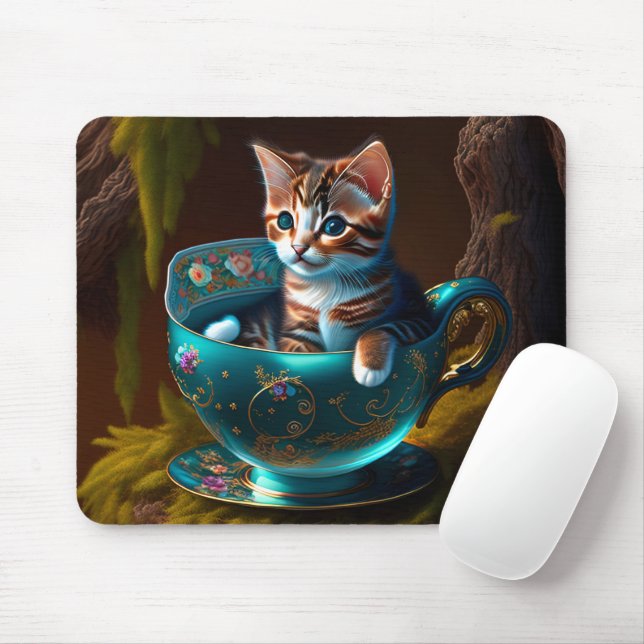 Alfombrilla De Ratón Gatito en una taza de té (animal bebé) (Con ratón)