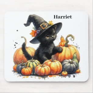 Alfombrilla De Ratón Gatito negro de Halloween con calabazas y Gorra de