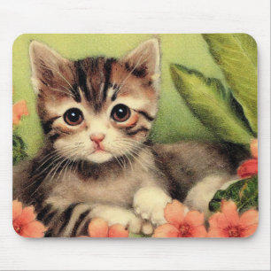 Alfombrilla De Ratón Gatito Vintage En Flores Mousepad