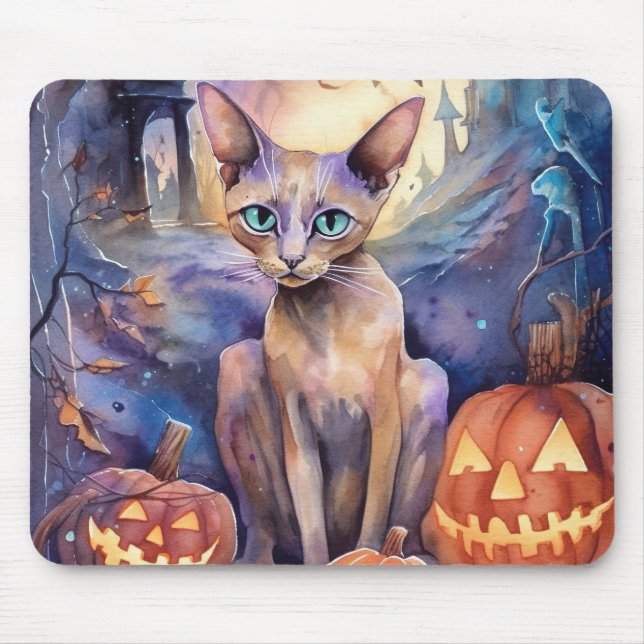 Alfombrilla De Ratón Gato abisano de Halloween con calabazas aterradora (Frente)