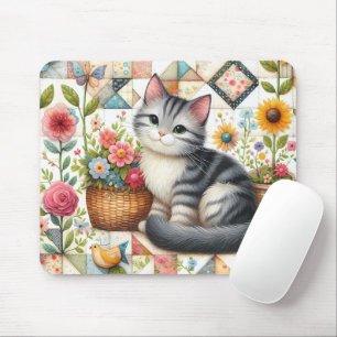 Alfombrilla De Ratón Gato Adorable en Arte de Colcha Floral Cottagecore