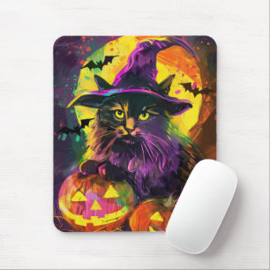Alfombrilla De Ratón Gato Angora Turco Espeluznante Bruja de Halloween 