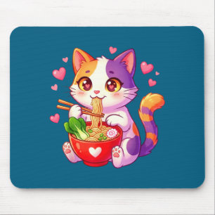 Alfombrilla De Ratón Gato Anime Comiendo Fideos Ramen Con Corazones Div