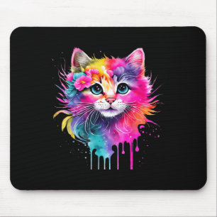 Alfombrilla De Ratón Gato arcoiris A acuarela Pintura Flores coloridas