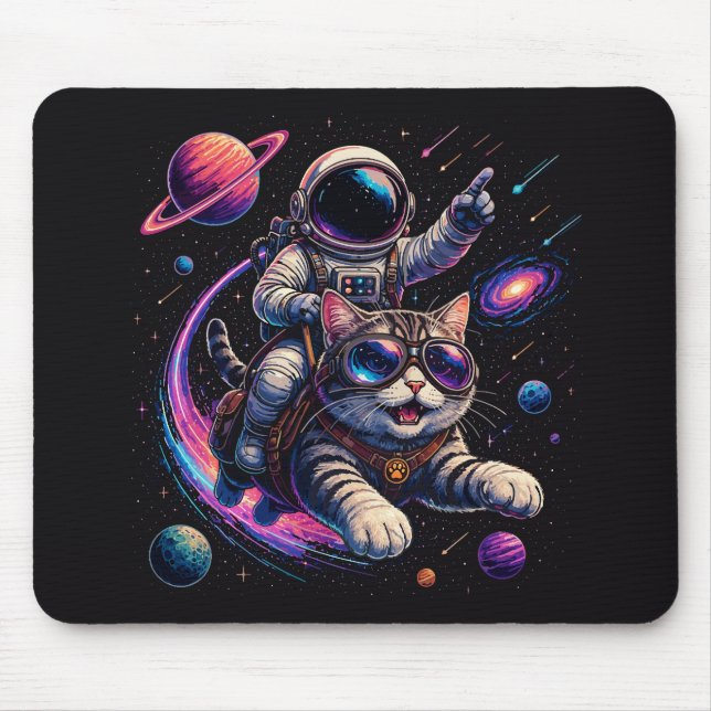 Alfombrilla De Ratón Gato astronauta viajando a través del espacio (Frente)