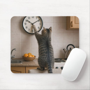 Alfombrilla De Ratón Gato atigrado cambiando la hora en un reloj de coc