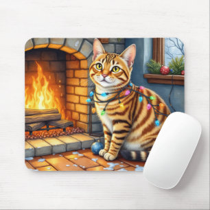 Alfombrilla De Ratón Gato Bengal Hogar con Luces de Navidad