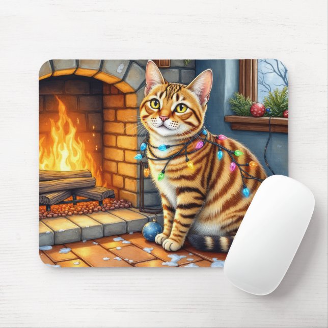 Alfombrilla De Ratón Gato Bengal Hogar con Luces de Navidad (Con ratón)