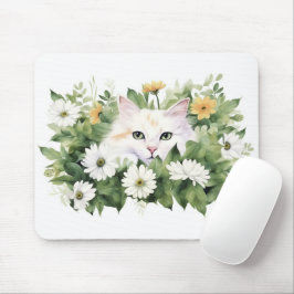 Alfombrilla De Ratón Gato Blanco Acuarela En Daisies