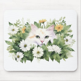 Alfombrilla De Ratón Gato Blanco Acuarela En Daisies