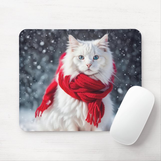 Alfombrilla De Ratón Gato blanco con bufanda de invierno roja (Con ratón)
