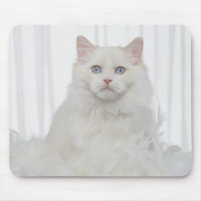 Alfombrilla De Ratón Gato blanco con plumas (Frente)