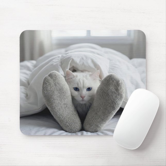 Alfombrilla De Ratón Gato blanco debajo de una edredón blanca (Con ratón)