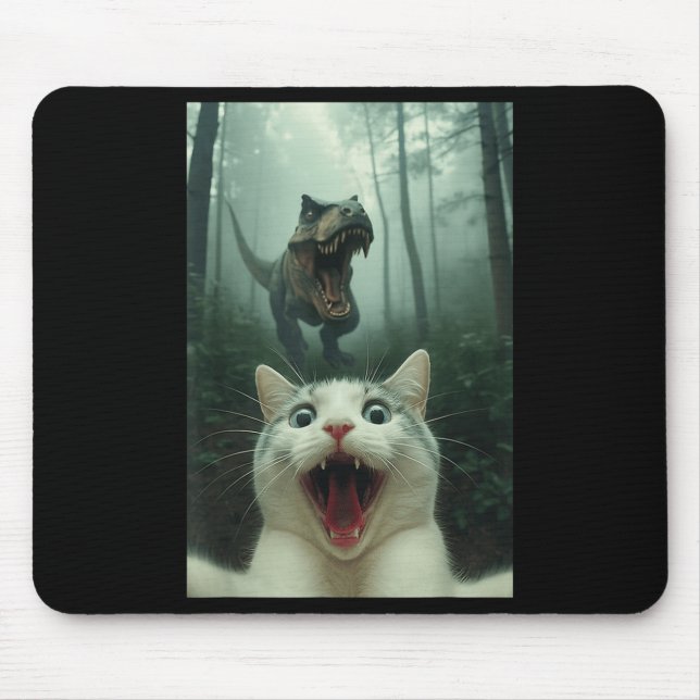 Alfombrilla De Ratón Gato blanco divertido selfie con T-rex Dinosaurio, (Frente)