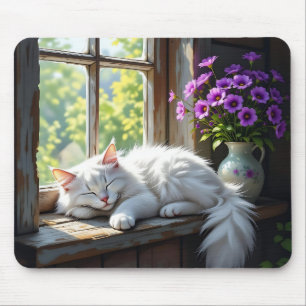 Alfombrilla De Ratón Gato blanco durmiendo y flores púrpura