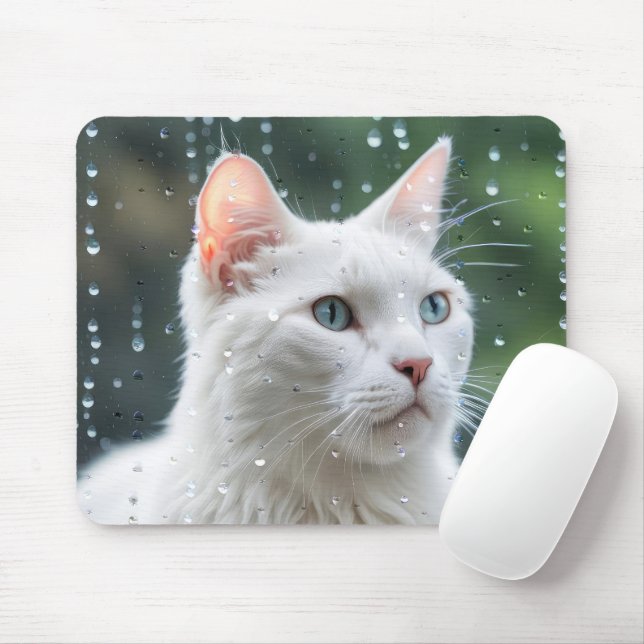 Alfombrilla De Ratón Gato blanco en la ventana de lluvia (Con ratón)