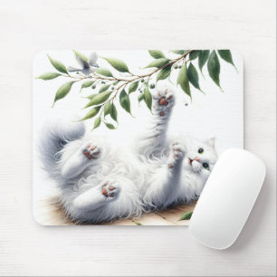 Alfombrilla De Ratón Gato blanco juguetón con rama de árbol