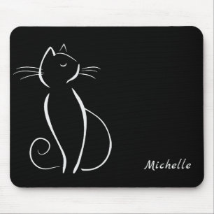 Alfombrilla De Ratón Gato blanco Minimalista en negro Agregar nombre