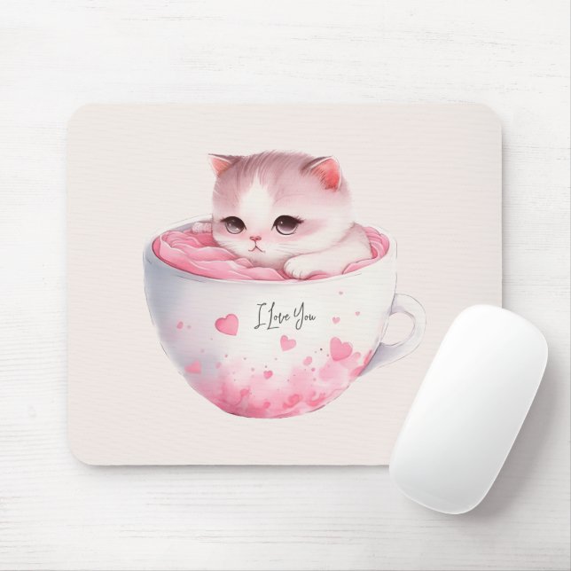 Alfombrilla De Ratón Gato blanco-rosado en una taza de té (3) (Con ratón)
