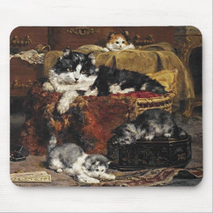 Alfombrilla De Ratón Gato Blanco Y Negro De Vintage Con Gatitos